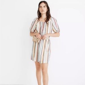 Madewell Puff-Sleeve Trapeze Mini Dress in Rainbow Stripe